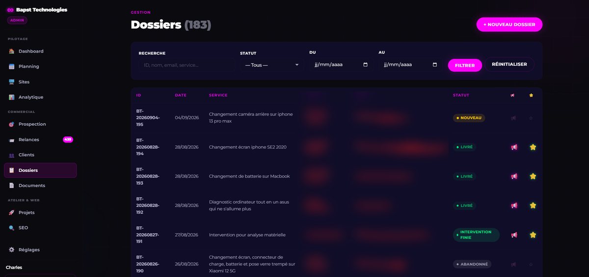 Liste des dossiers dans l'application de gestion Bapst Technologies