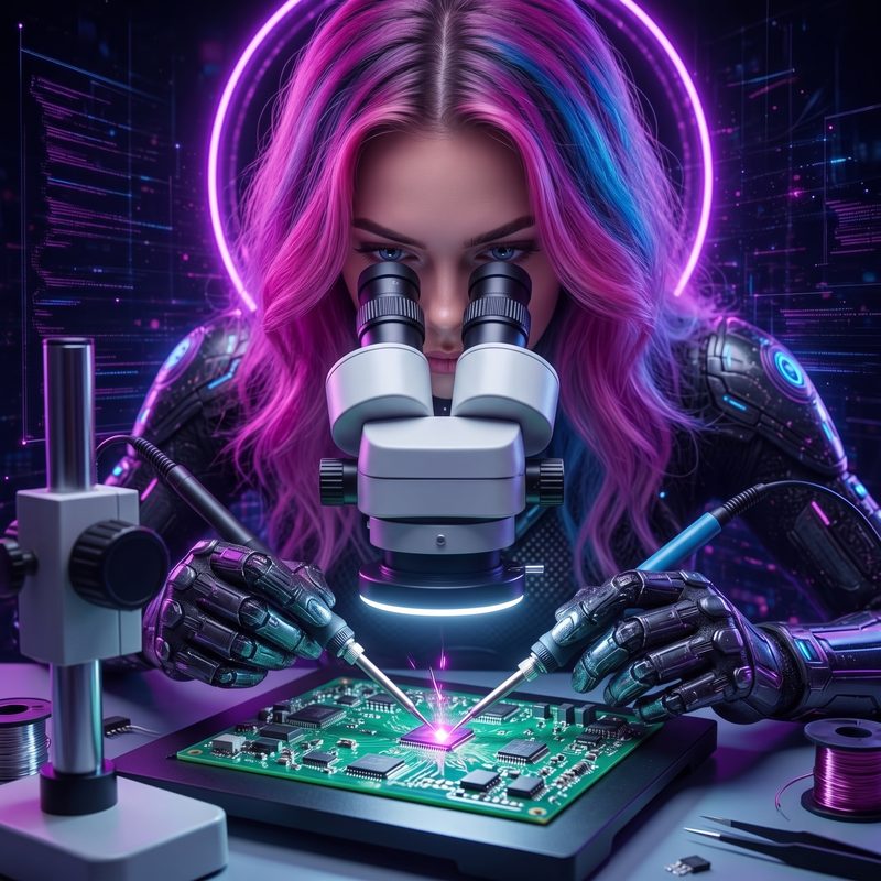 Lysara, l'assistante IA de Bapst Technologies, en micro-soudure au microscope sur une carte électronique