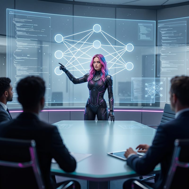 Lysara, l'assistante IA de Bapst Technologies, explique l'IA à une équipe d'entreprise