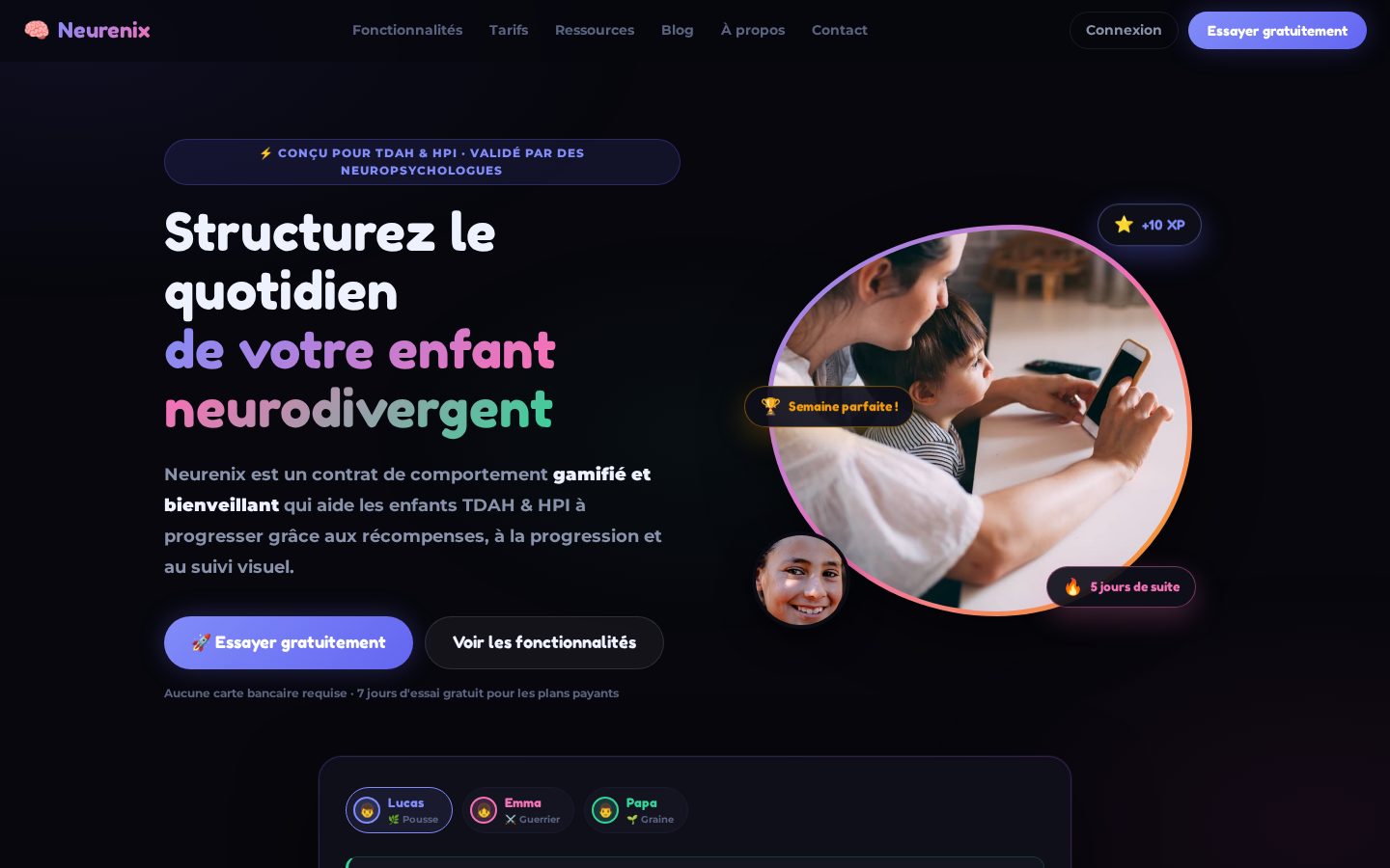 Neurenix — application pour familles neurodivergentes (capture du site)